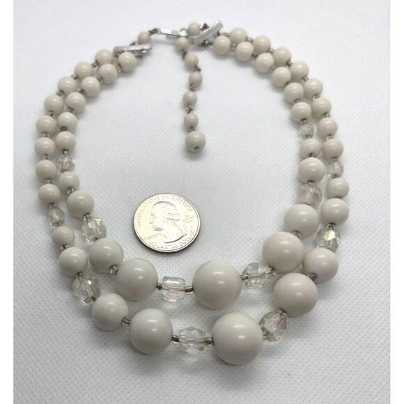Vintage Japan White Beaded 2 Strand‎ Graduated Bead 14 - 16'' Choker Necklace - Picture 3 of 7